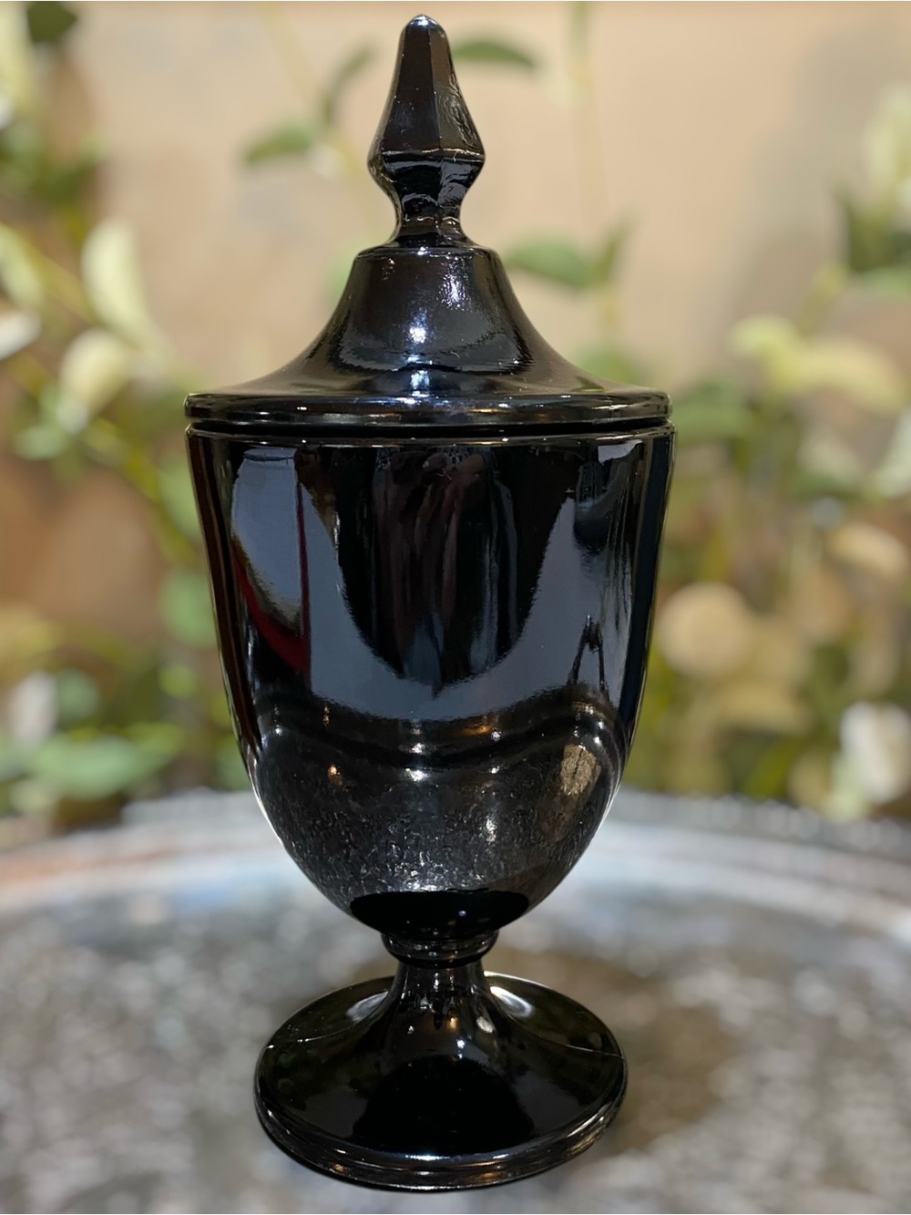 Vintage Fenton Signed Black Ebony Glass Compote Jar with Lid 10”